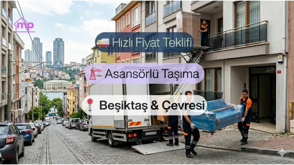 Beşiktaş'ta asansörlü nakliye aracıyla profesyonel ev taşıma hizmeti veren personeller ve paketlenmiş eşyalar.